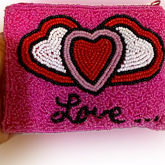 VTG RARE BARSE ZIPPER BEADED COIN PURSE BAG HEART VALENTINE PINK LOVE 4.75”x3.5” - Picture 8 of 9